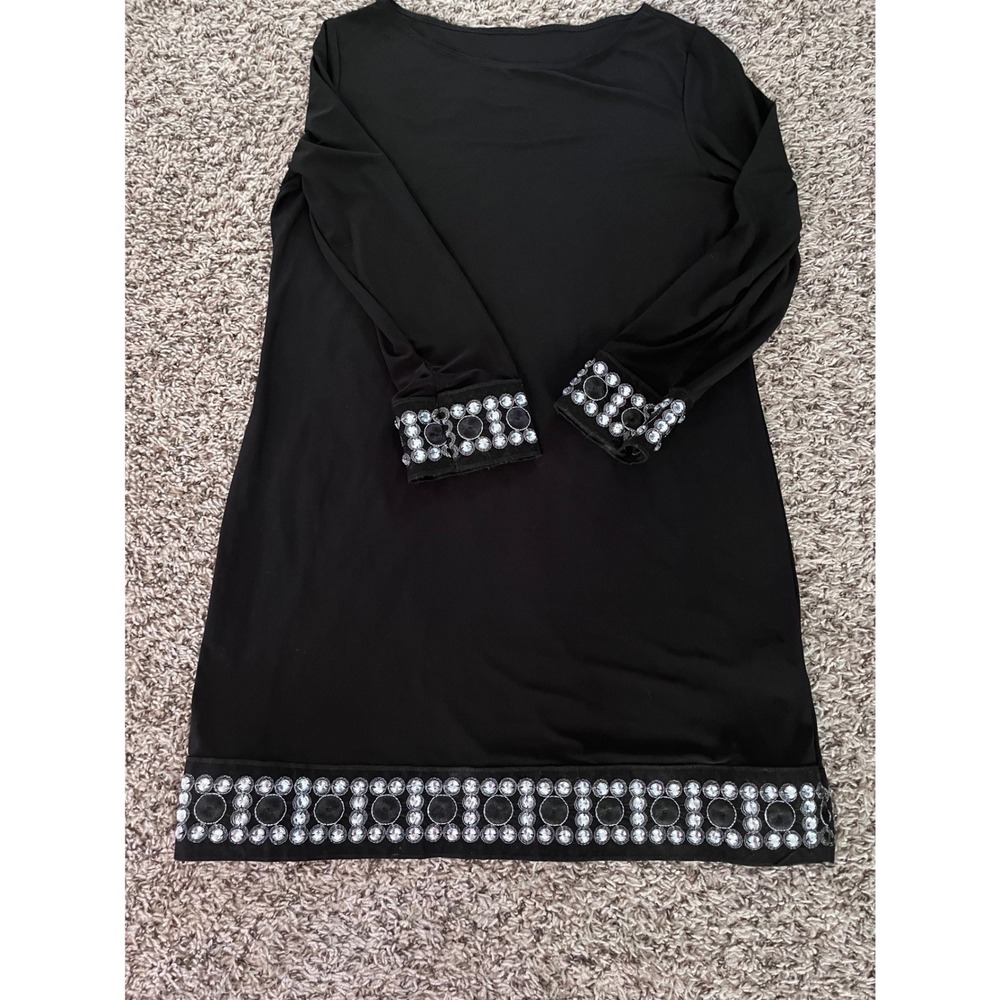 Black Rhinestone Embellished Long Sleeve Mini Shift Dress Go-Go Style Medium - Picture 5 of 6